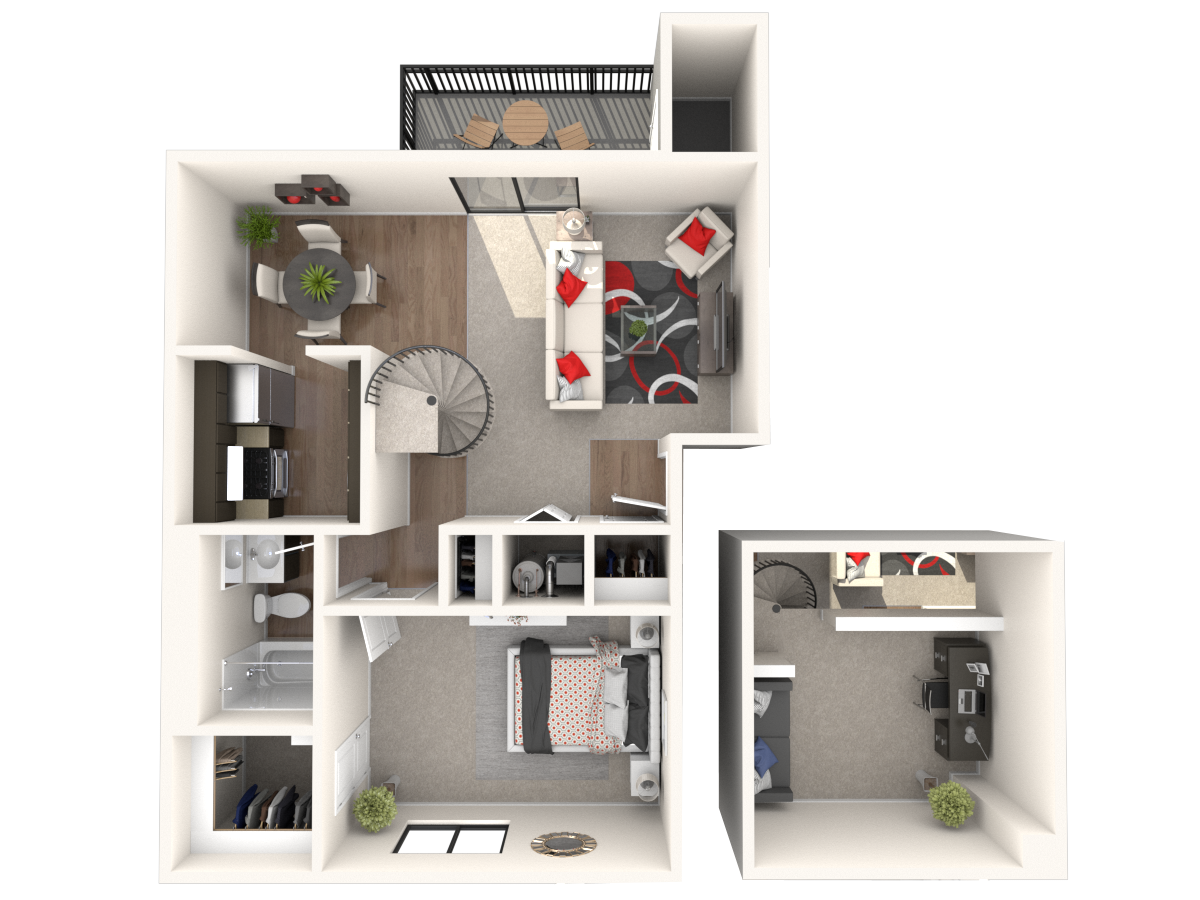 Floor plan for 1 bed, 1 bath, 834 sqft